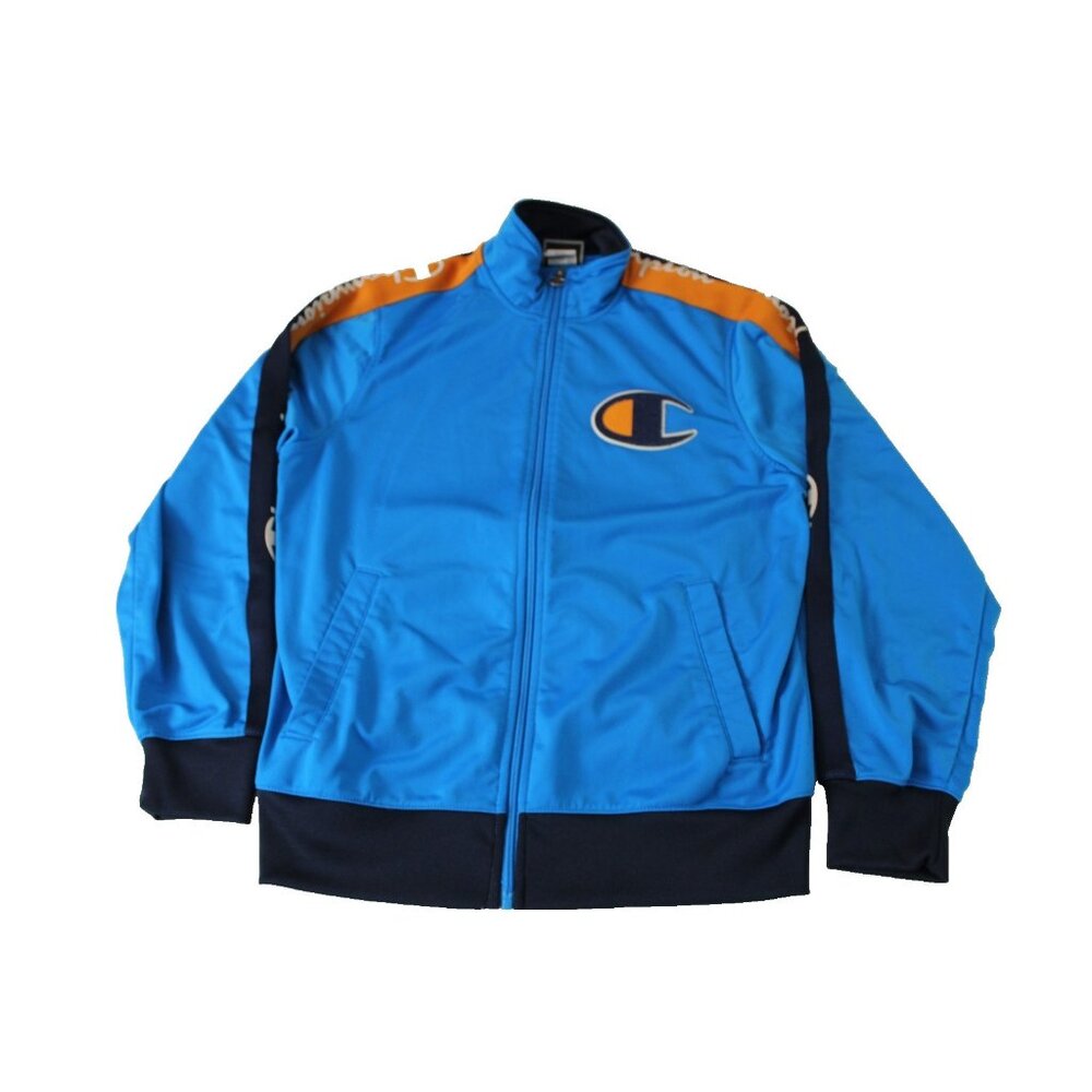 Champion‎ Mens M Blue Orange Tape Sleeve Full Zip Track Jacket Big Logo